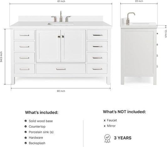ARIEL Cambridge 60-inch Bathroom Vanity with Sink,Solid Wood, 1.5-inch Pure White Quartz Countertop & Backsplash, Single Rectangular Porcelain Sink, 2 Soft Closing Doors, 9 Dovetail Drawers, White
