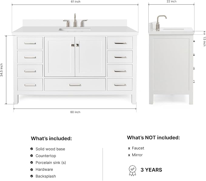 ARIEL Cambridge 60-inch Bathroom Vanity with Sink,Solid Wood, 1.5-inch Pure White Quartz Countertop & Backsplash, Single Rectangular Porcelain Sink, 2 Soft Closing Doors, 9 Dovetail Drawers, White