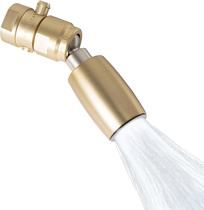 High Sierra® - CLASSIC™ Solid Metal 1.25 GPM Award Winning. Ultra Low Flow Shower Head with Trickle Valve. Lead-Free. Patented Nozzle Never Clogs - Brushed Gold Finish