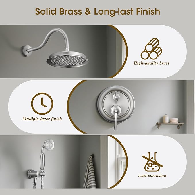 Rain Shower Head with Handheld Spray, Rainfall Shower System with Rough-in Valve, Shower Faucet Set with Pressure Balance Valve, 9 Inch Luxury Shower Trim Kit Wall Mount, Brushed Nickel