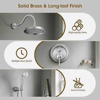 Rain Shower Head with Handheld Spray, Rainfall Shower System with Rough-in Valve, Shower Faucet Set with Pressure Balance Valve, 9 Inch Luxury Shower Trim Kit Wall Mount, Brushed Nickel