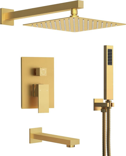 Shower Tub Faucet Set, 10" Bathroom Rainfall Shower Head Fixtures Combo with Handheld Spray and Tub Spout, Brushed Gold (Valve Included)