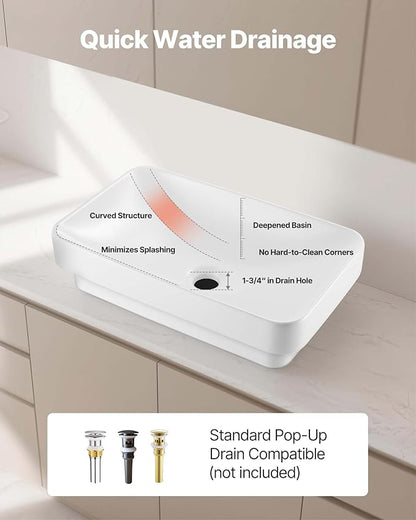 VEVOR Semi Recessed Bathroom Sink, 19.29 x 12.01 Inch Rectangular White Ceramic Vessel Sink with 1-3/4 Inch Drain Hole, Drop in Modern Lavatory Vanity Bath Wash Bowl Basin, Rectangle for Small Space