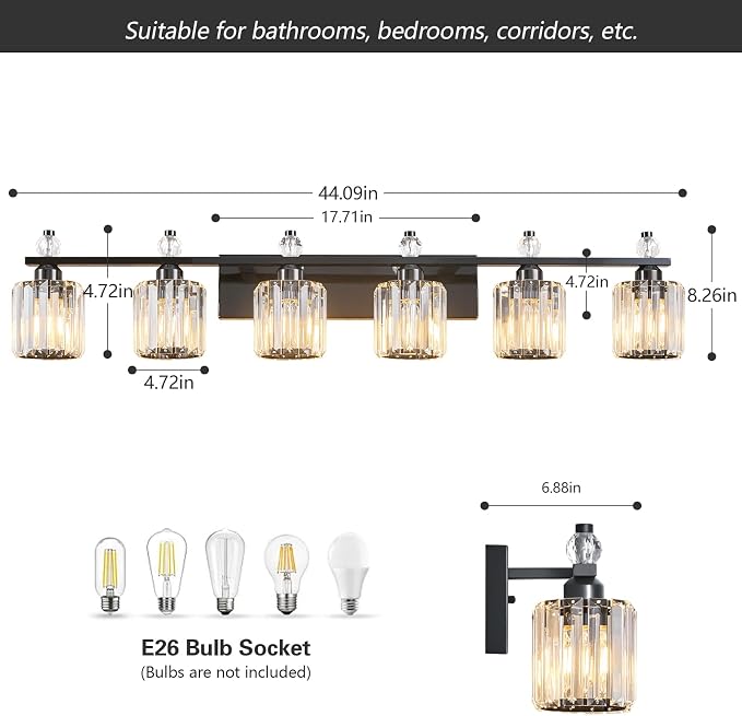 Bathroom Vanity Lights 6-Light Plating Black Modern Crystal Vanity Light Fixtures Over Mirror Crystal Bathroom Vanity Lighting Fixtures