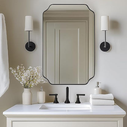 Bathroom Vanity Mirror, 24x36 Inch Matte Black Mirror, Modern Rectangle Mirrors for Bathroom, Asymmetrical Wall Mirror with Scalloped Round Corner