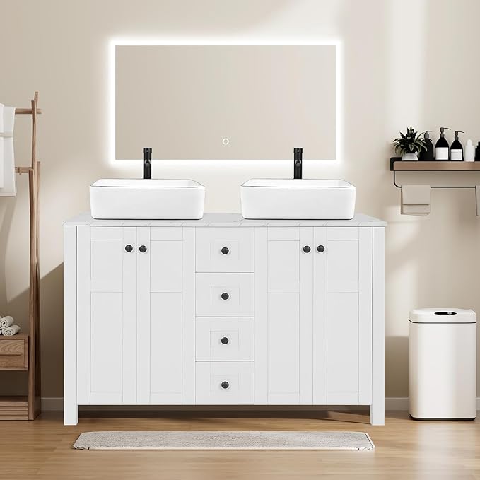 48 inch White Bathroom Vanity with Marble Texture Top and 4 Drawers, Modern Standing Pedestal Cabinet Without Sink