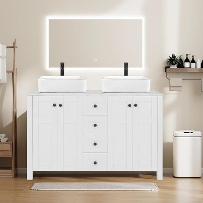 48 inch White Bathroom Vanity with Marble Texture Top and 4 Drawers, Modern Standing Pedestal Cabinet Without Sink
