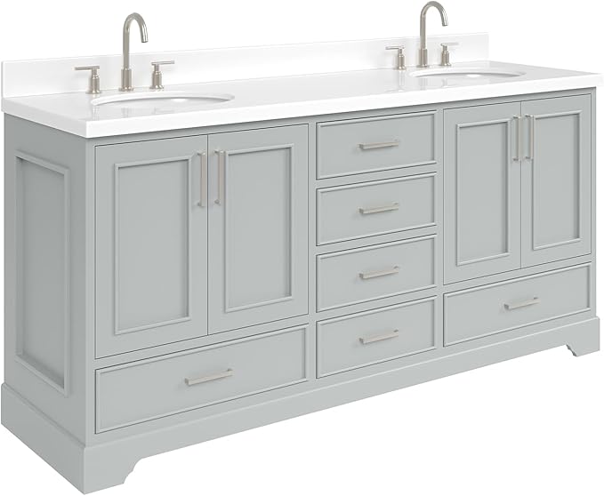 ARIEL Stafford 72-inch Bathroom Vanity with Sink,Solid Wood, 1.5-inch Pure White Quartz Countertop & Backsplash, Double Oval Porcelain Sink, 4 Soft Closing Doors, 6 Dovetail Drawers, Grey