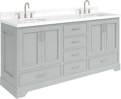 ARIEL Stafford 72-inch Bathroom Vanity with Sink,Solid Wood, 1.5-inch Pure White Quartz Countertop & Backsplash, Double Oval Porcelain Sink, 4 Soft Closing Doors, 6 Dovetail Drawers, Grey