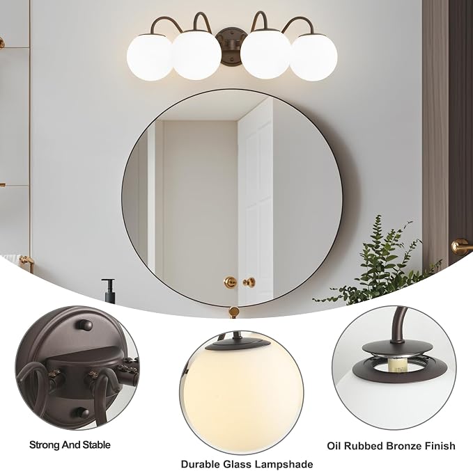 4 Lights Vintage Bathroom Vanity Light Fixtures Over Mirror, Oil Rubbed Bronze Vanity Lights For Bathroom With Milk Glass Globe Shade, Wall Lights For Bedroom, Hallway, Dressing Table(G9 Incl.)