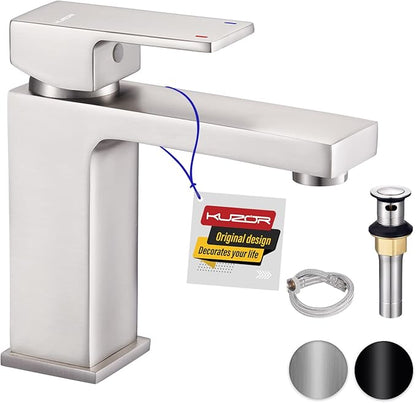 Single Hole Bathroom Faucet, 1-Handle Bathroom Sink Faucet with Pop-Up Drain, Stainless Steel Brushed Nickel for Modern Bath/Vanity