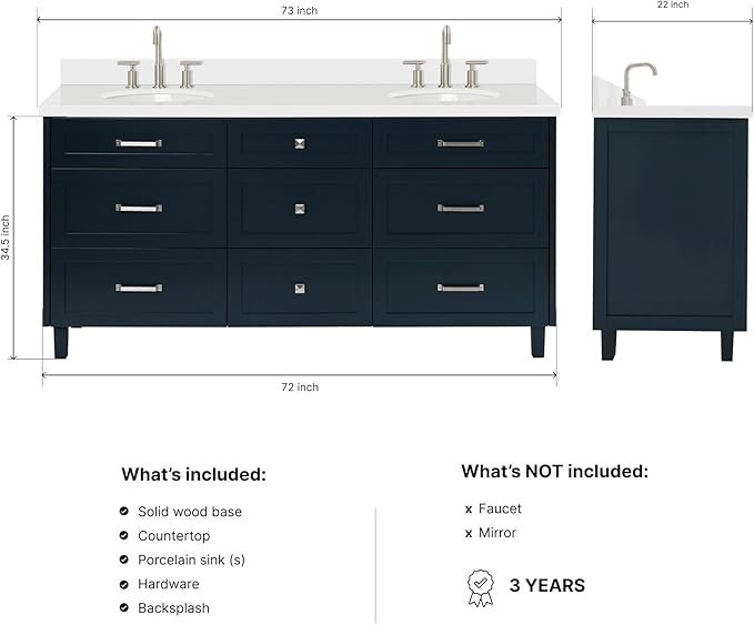 ARIEL Monroe 72-inch Bathroom Vanity with Sink,Solid Wood, 1.5-inch Pure White Quartz Countertop & Backsplash, Double Rectangular Porcelain Sink, 9 Dovetail Drawers, Brushed Nickel, Midnight Blue