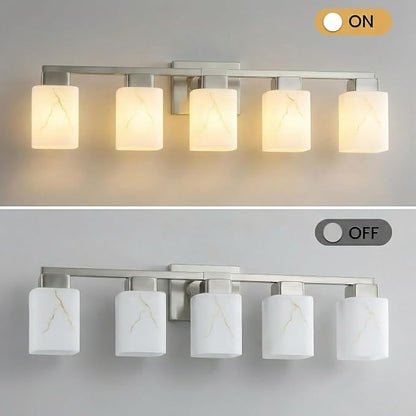 5-Light Square Bathroom Light Fixture, Brushed Nickel Modern Vanity Light with White Marble Glass Shade, for Bathroom Mirror, Living Room, Bedroom, Hallway, E26 Base