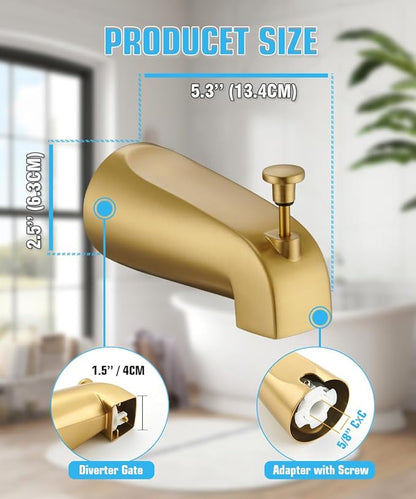 Tub Spout with Diverter, Slip On Bathtub Spout Fits 1/2'' Copper Tube(5/8'' Dia), Bathroom Tub Faucet with PTFE Tape & Hex Wrench, Brushed Gold