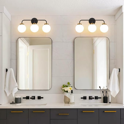 Modern Black and Gold Vanity Lights for Bathroom, Mid Century 3 Light Bathroom Vanity Light with Globe Milky White Glass Shade Over Mirror, Black and Gold Wall Sconce for Bathroom Hallway Living Room