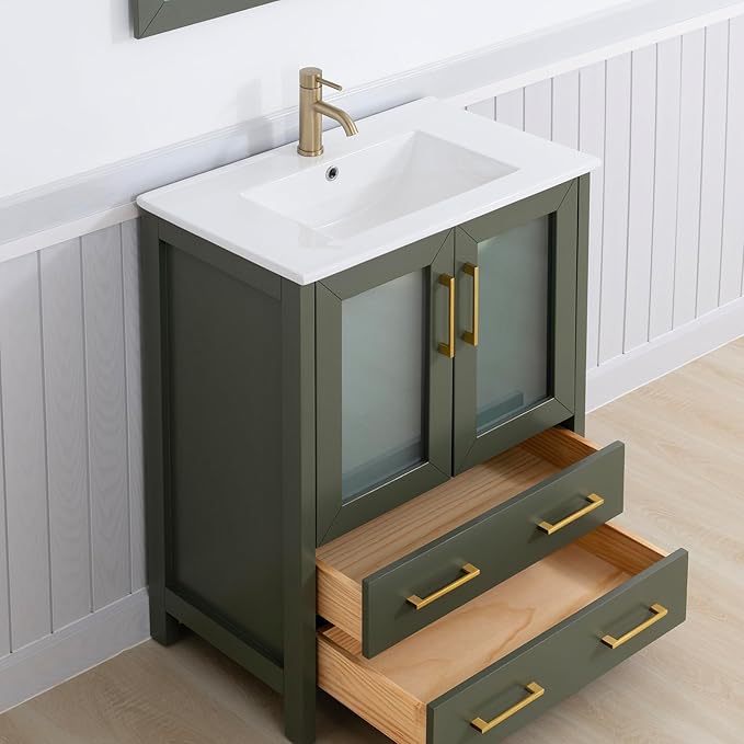 Vanity Art 30 Inch Under Mount Single Sink Bathroom Vanity Cabinet with 1 Mirror, Ceramic Top Bathroom Cabinet Compact Set with 2 Dovetail Storage Drawers and Golden Brushed Handles, VA3030-VG