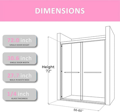 Chrome Shower Glass Door 56-60'' x 72'',Splash-Proof Adjustable Stainless Steel Rails Semi-Frameless Door Design,SGCC/ANSI Certified Clear Tempered Glass for Bathroom