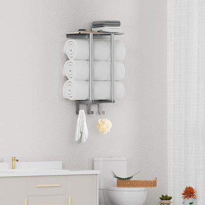 Bethom Towel Racks for Bathroom Wall Mounted with 3 Hooks, Brushed Nickel | Stainless Steel Towel Rack with Shelf, Towel Storage Holder Wall for Large Rolled Towels