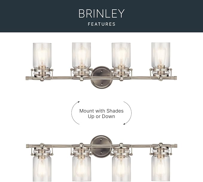 Kichler Brinley 4-Light Farmhouse Vanity Light, Brushed Nickel | Modern farmhouse vanity light with clear glass for bathroom mirrors (32.25" x 10"), 45690NI