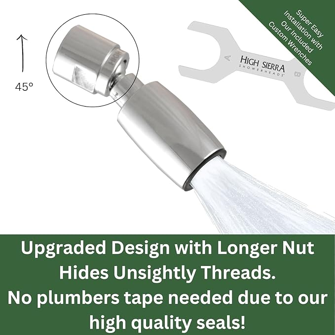 High Sierra® Classic™ Solid Metal 1.8 GPM Award Winning, Low Flow Shower Head. Patented Nozzle Never Clogs. Long Nut Hides Shower Arm Threads. Polished Chrome Finish