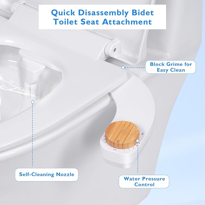 Bidet Toilet Seat Attachment - Self Cleaning Water Sprayer +Adjustable Pressure Nozzle, Easy Install (Cold Water Classic, White/Bamboo)