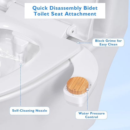 Bidet Toilet Seat Attachment - Self Cleaning Water Sprayer +Adjustable Pressure Nozzle, Easy Install (Cold Water Classic, White/Bamboo)