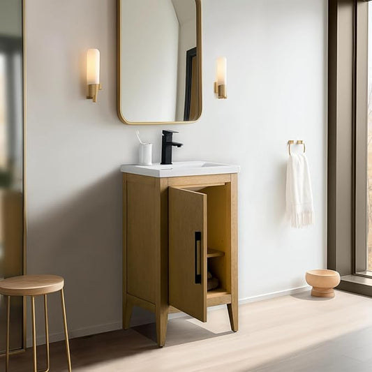 Vanity Art 20 inch Bathroom Vanity with Single Sink & Ceramic Top, Vanity Cabinet with Soft-Closing Doors, Solid Wood Frame, Natural Oak,VA9020-NO-MB1