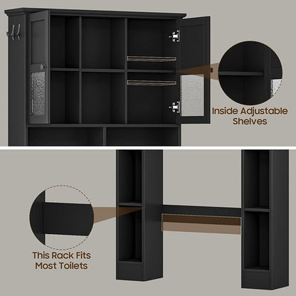 Over The Toilet Storage Cabinet, Bathroom Shelf Over Toilet with Hammered Grain Glass Doors and Adjustable Shelves, Freestanding Home Space Save Toilet Rack for Restroom, Bathroom, Laundry (Black)