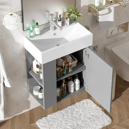 22" Small Bathroom Vanity with Sink, Floating Vanity for Bathrooms with Soft-Close Door and Open Shelf, Wall Mounted Narrow Bathroom Vanities for Compact Bathrooms (Gray,22" Floating Left Shelf)