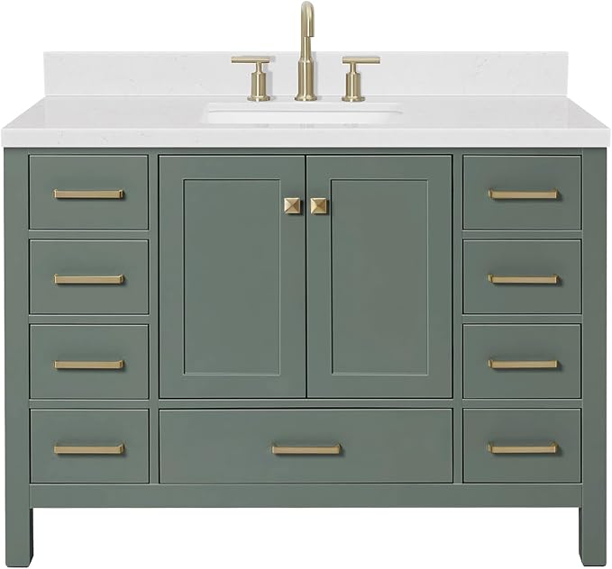 Beckford 48-inch Vintage Green Bathroom Vanity with Center Rectangle Single Sink, Carrara White Quartz Countertop & Backsplash, Solid Wood Frame, Soft-Closing & Dovetail Drawers