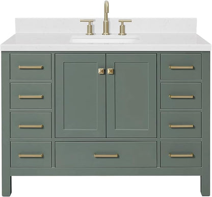 Beckford 48-inch Vintage Green Bathroom Vanity with Center Rectangle Single Sink, Carrara White Quartz Countertop & Backsplash, Solid Wood Frame, Soft-Closing & Dovetail Drawers