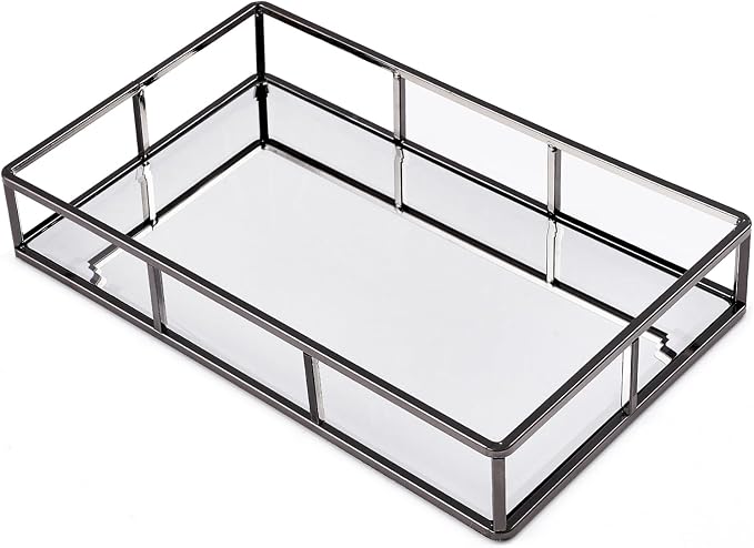 PuTwo Mirror Tray, Smoky Black Perfume Tray, Decorative Tray, Metal Vanity Tray, Jewelry Tray, Tray Decor, Decorative Trays, Glass Tray, Perfume Organizer, Vanity Trays for Bathroom, Counter, Bathroom | Smoky Black Tray Jewelry Perfume Organizer Makeup...