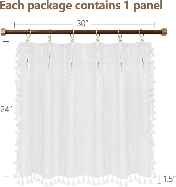 Seenus Boho Farmhouse Window Curtain with Tassels, 30 x 24 Inch Light Filtering Sheer Short Cafe Window Curtain Tier, White Linen Textured Pleated Small Window Drape for Kitchen or Bathroom, 1 Panel