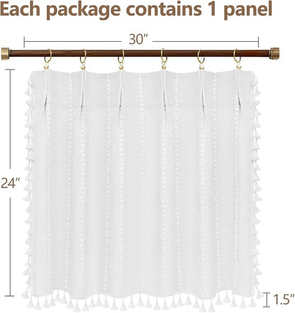 Seenus Boho Farmhouse Window Curtain with Tassels, 30 x 24 Inch Light Filtering Sheer Short Cafe Window Curtain Tier, White Linen Textured Pleated Small Window Drape for Kitchen or Bathroom, 1 Panel