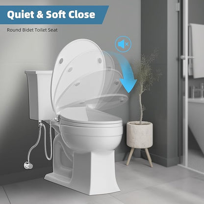 Hibbent Round Bidet Toilet Seat with Slow Close, Non-Electric Bidet Attachment for Toilet Seat with Dual Nozzle, Bidet Sprayer with Adjustable Self-Cleaning Nozzles, Brass T Adapter