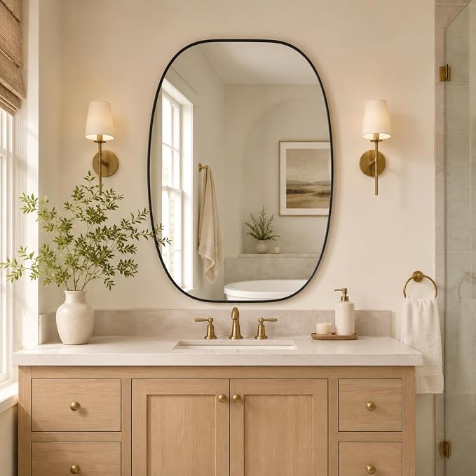 Black Oval Bathroom Mirrors for Over Sink 24x32 Inch | Oblong Vanity Mirror, Crystal-Clear HD Glass, Rust-Proof Aluminum Frame, Inner-Curved Decor for Bedroom, Entryway