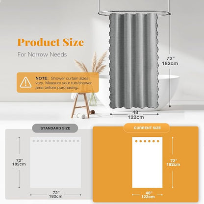 BTTN 48x72 Boho Scalloped Linen Textured Cloth Shower Curtain, Grey/Gray | Stall Size, 230GSM Waterproof Polyester, Heavy Duty Fabric, 8 Plastic Hooks, Elegant Modern Farmhouse Style, Machine Washable