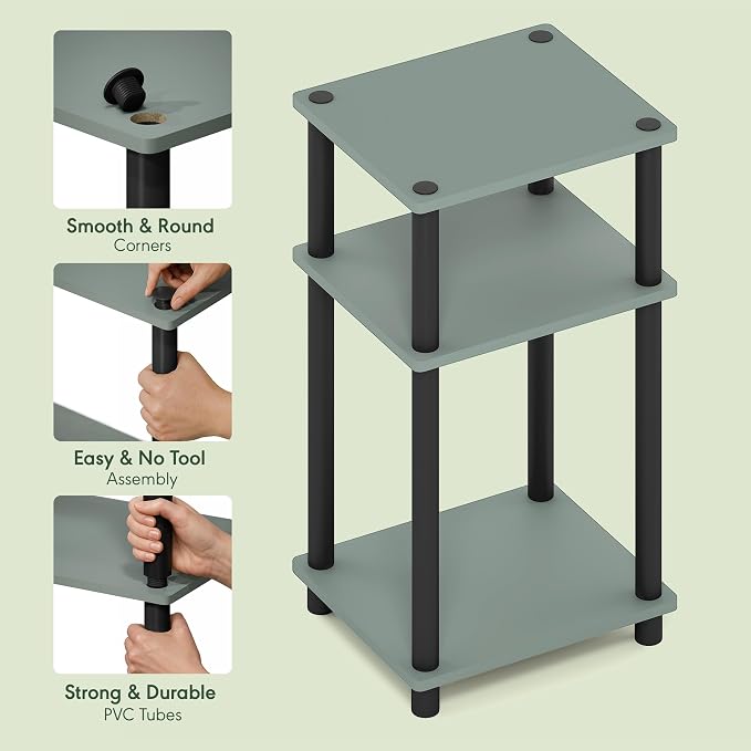 Furinno JUST Night Stand, 3-Tier Turn-N-Tube Nightstand, Toolless Bedside Table, End Table, Side Table with Open Storage, for Bedroom, Closet, Dorm, Sage Green