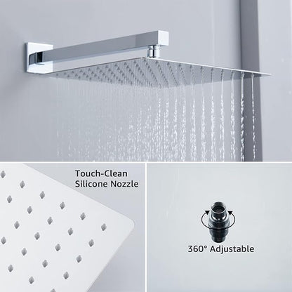 Iriber 12 Inch Bathroom Shower System Polish Chrome Wall Mounted Square Mixer Shower Faucet Combo Set with Hand Held Rough-in Valve Rainfall Shower and Trim