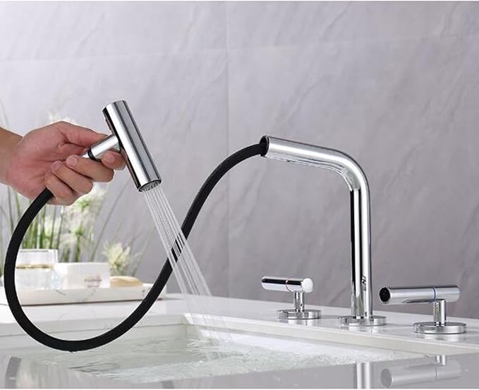 3 Hole Basin Faucets Pull Out Basin Mixer Faucet Bathroom Mixer Faucet Double Handle 2 Mode Brass-Chrome Plated
