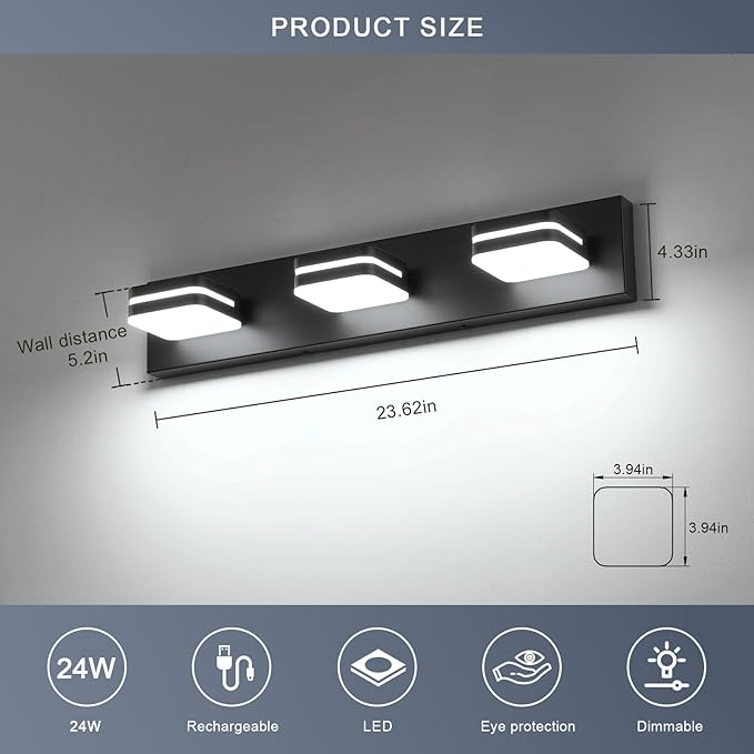 LED Modern Bathroom Vanity Light Fixtures (3-Light, 24-Inch Dimmable), Matte Black Bathroom Wall Lighting Fixtures Over Mirror with Steel Square Shade(Cool White 5500K), ETL Certificated