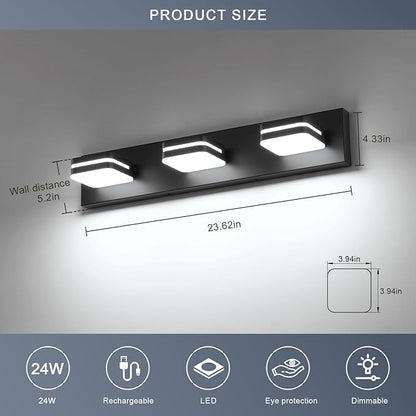 LED Modern Bathroom Vanity Light Fixtures (3-Light, 24-Inch Dimmable), Matte Black Bathroom Wall Lighting Fixtures Over Mirror with Steel Square Shade(Cool White 5500K), ETL Certificated