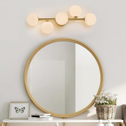 Gold Bathroom Vanity Light Fixtures,5 Lights Mid Century Modern Wall Sconce | Milk Glass Globe Wall Sconce Lighting,Modern Brushed Gold Brass Champagne Bronze Bathroom Vanity Light over Mirror,G9 Base