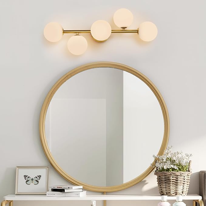 Modern Bathroom Vanity Light Fixtures,LED Brushed Gold Wall Sconce Lighting | 5 Lights Milk Glass Globe Vanity Light,Brushed Gold Bathroom Vanity Light,Dimmable Brass Mid Century Wall Sconces over Mirror