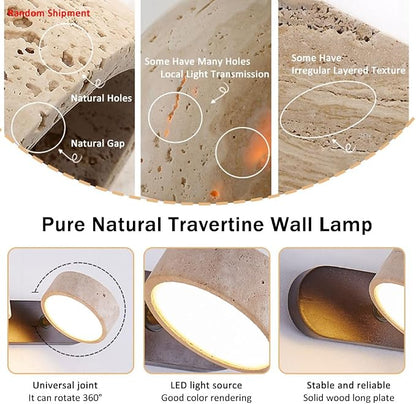 Yellow Travertine Vanity Light, 27.6" Wabi Sabi Modern Wooden Bathroom Light 360° Rotatable Natural Stone Lampshade Wall Lighting Fixture Over Mirror for Bathroom Farmhouse Home Decor (4 Lights)