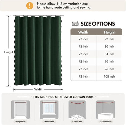 ANRODUO Dark Green Scalloped Linen Textured Shower Curtain, W72 x L84 | Boho Farmhouse Shower Curtain with 12 Metal Hooks, Machine Washable Waterproof Heavy Duty Fabric for Bathroom Bathtub