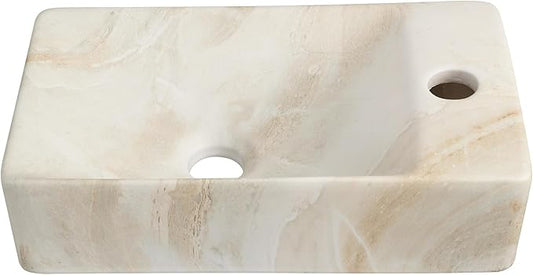 JONATHAN Y SNK1004D-R Felix 15 in. W x 8 in. D Modern Wall Mounted Rectangular Ceramic Mini Sink Basin, Right-Side Faucet, Beige Marble Effect
