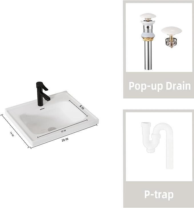 20'' Bathroom Vanity with Ceramic Sink Combo, Wall Mounted Small Bathroom Vanity with Soft-Close Door Modern Floating Cabinet, Pop-up Drain, P-Trap Included, GreyWalnut(No Faucet)