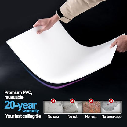Art3d 10-Pack Smooth Drop Ceiling Tile 2ft x 4ft - Fire-Rated, Waterproof, Reusable - Premium PVC, No Sag and Breakage - Cover 80 Sq. Ft, White | 2 x 2 ft, PVC, Waterproof, Fire-Rated, Reusable, Compatible with Grid System, Perfect for Living Room