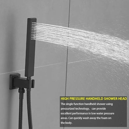 Shower Faucet Set Matte Black 12 Inch Wall Mount Rainfall Shower System with 2 Rain Shower Head and Handheld Head Push Button Diverter Shower Trim Kit and Rough-in Valve Body